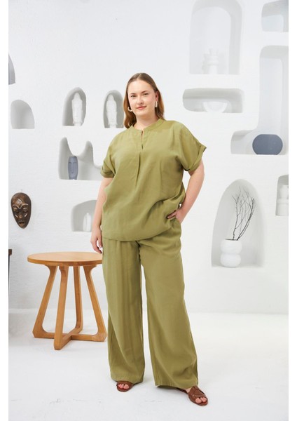 Hakim Yaka Büyük Beden Bluz Oliv indirimleri