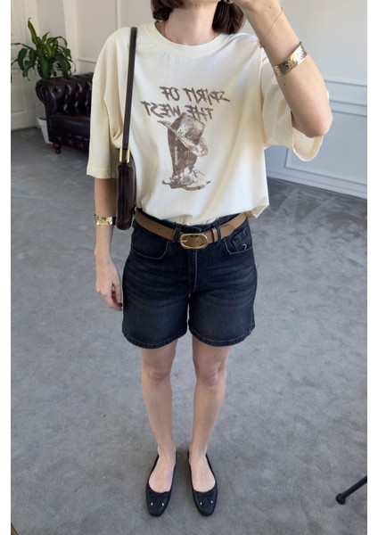 Kovboy Baskılı Premium Tshirt- Bej modelleri