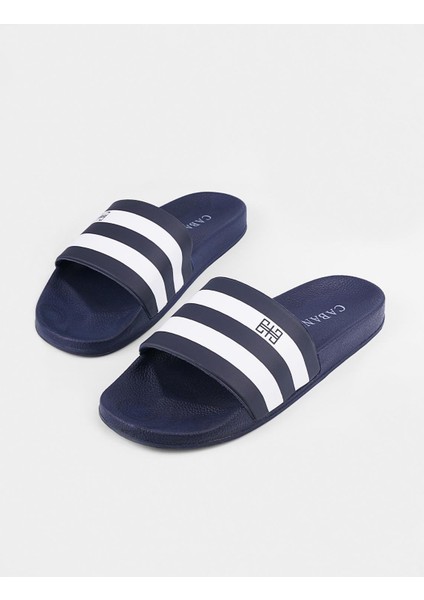 Beyaz Şerit Çizgili Lacivert Erkek Plaj Terlik fırsatları