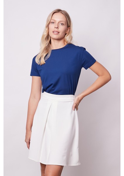 Kadın Sıfır Yaka Kırışmaz Span Karışımlı Şık Kısa Kol Likralı T-Shirt Bluz-Lacivert