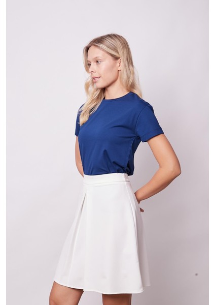 Kadın Sıfır Yaka Kırışmaz Span Karışımlı Şık Kısa Kol Likralı T-Shirt Bluz-Lacivert fırsatları