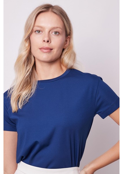 Kadın Sıfır Yaka Kırışmaz Span Karışımlı Şık Kısa Kol Likralı T-Shirt Bluz-Lacivert indirimleri