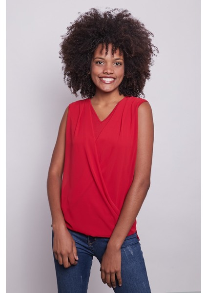 Şifon Detaylı Anvelop Kolsuz Şık Likralı Parlak Kumaş Bluz-Kırmızı fiyatları