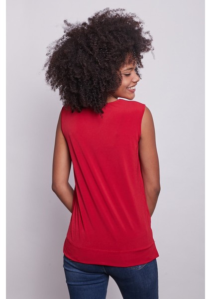 Şifon Detaylı Anvelop Kolsuz Şık Likralı Parlak Kumaş Bluz-Kırmızı fırsatları