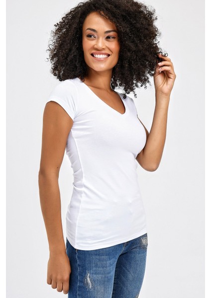 V Yaka Kısa Kol Body -Beyaz