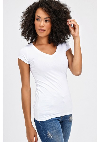 V Yaka Kısa Kol Body -Beyaz fırsatları