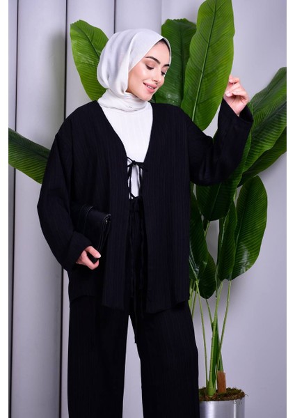 Bağcık Detaylı Pantolonlu Kimono Takım