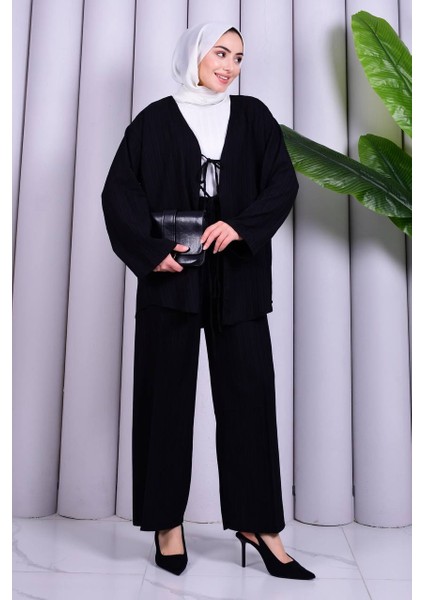 Bağcık Detaylı Pantolonlu Kimono Takım