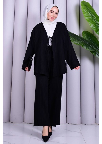 Bağcık Detaylı Pantolonlu Kimono Takım