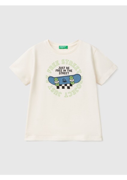 Erkek Çocuk Baskılı Tshirt 1-6 Yaş Ekru