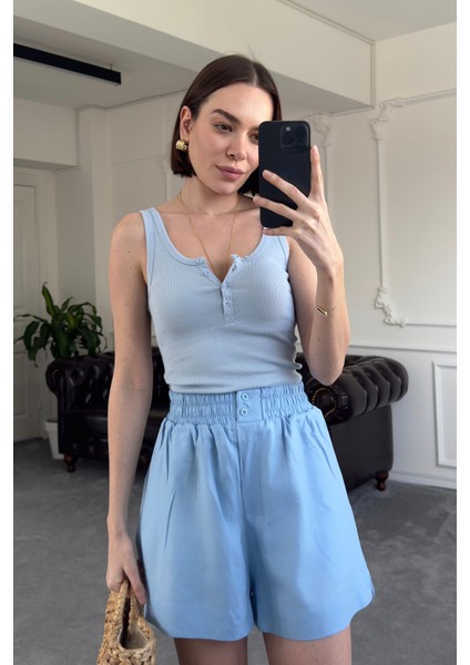 Kalın Askılı Düğmeli Premium Atlet- Mavi