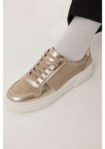 Deri Bej Bağcıklı Kadın Sneaker