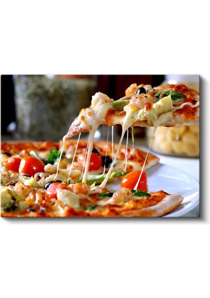 Peynirli Pizza - Uzayan Mozarella ve Taze Malzemeli Kanvas Tablo