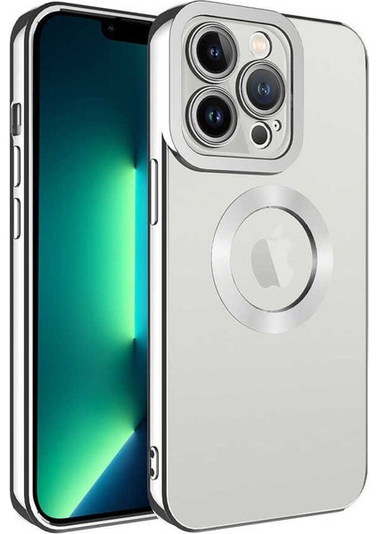 Apple iPhone 14 Pro Kılıf Logo Yeri Açık Kamera Lens Korumalı Renkli Kenarlı Şeffaf Silikon Gümüş
