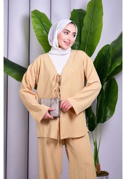 Bağcık Detaylı Pantolonlu Kimono Takım