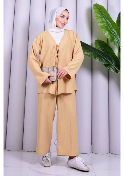 Bağcık Detaylı Pantolonlu Kimono Takım