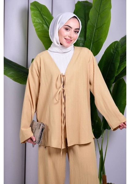 Bağcık Detaylı Pantolonlu Kimono Takım