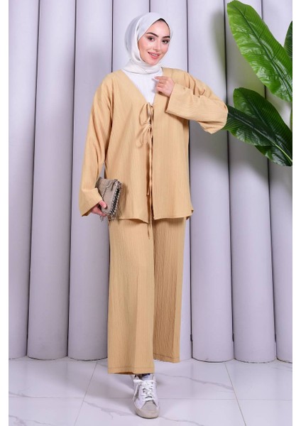 Bağcık Detaylı Pantolonlu Kimono Takım