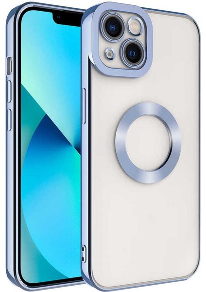 Apple iPhone 14 Plus Kılıf Logo Yeri Açık Kamera Lens Korumalı Renkli Kenarlı Şeffaf Silikon Mavi Açık
