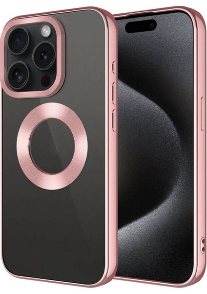 Apple iPhone 15 Pro Max Kılıf Tek Kamera Çerçeveli Renkli Kenarlı Logo Yeri Açık Şeffaf Silikon Rose Gold