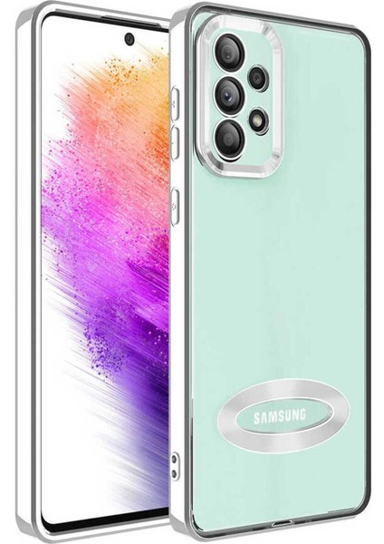 Samsung Galaxy A73 Kılıf Logo Yeri Açık Kamera Lens Korumalı Renkli Kenarlı Şeffaf Silikon Gümüş