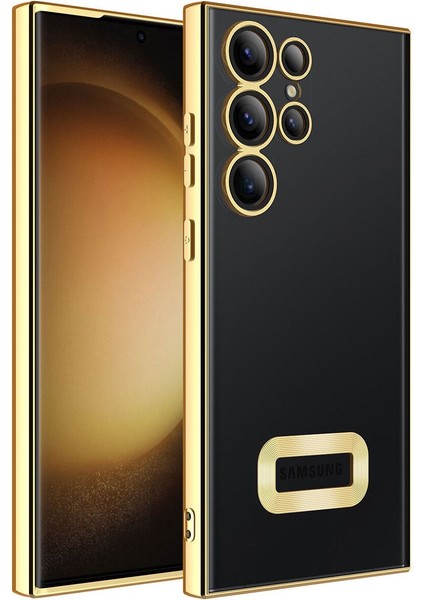 Samsung Galaxy S23 Ultra Kılıf Logo Yeri Açık Kamera Lens Korumalı Renkli Kenarlı Şeffaf Silikon Gold