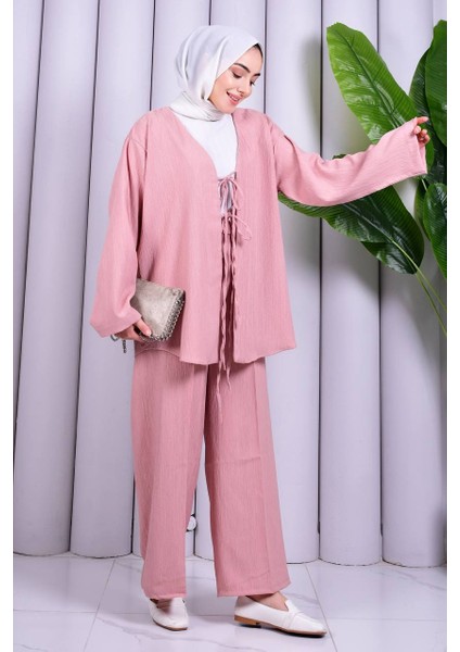 Bağcık Detaylı Pantolonlu Kimono Takım