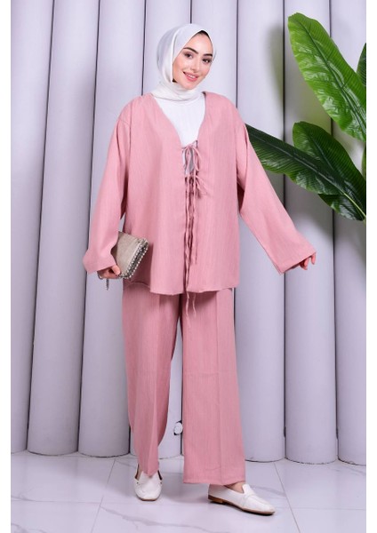 Bağcık Detaylı Pantolonlu Kimono Takım