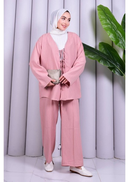 Bağcık Detaylı Pantolonlu Kimono Takım
