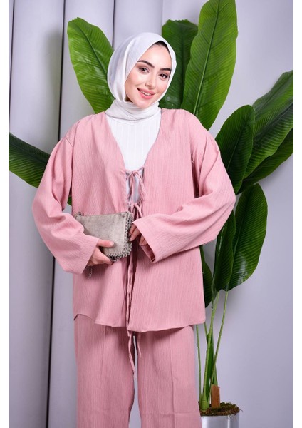Bağcık Detaylı Pantolonlu Kimono Takım