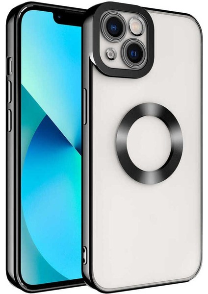 Apple iPhone 14 Plus Kılıf Logo Yeri Açık Kamera Lens Korumalı Renkli Kenarlı Şeffaf Silikon Siyah