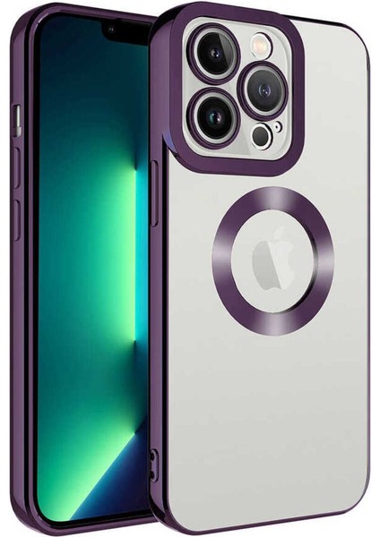 Apple iPhone 14 Pro Kılıf Logo Yeri Açık Kamera Lens Korumalı Renkli Kenarlı Şeffaf Silikon Derin Mor