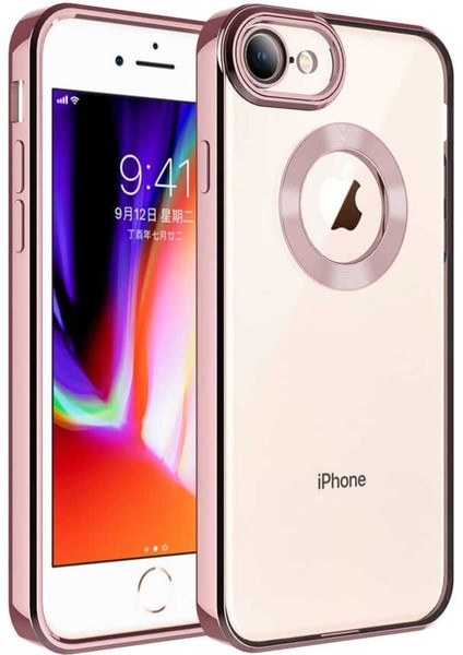 Apple iPhone Se 2020 Kılıf Logo Yeri Açık Kamera Lens Korumalı Renkli Kenarlı Şeffaf Silikon Rose Gold