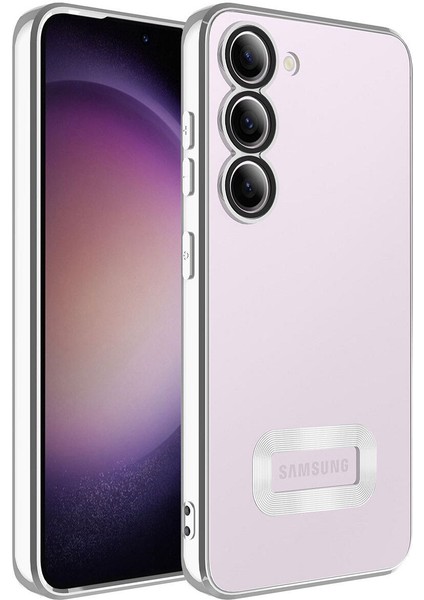 Samsung Galaxy S23 Kılıf Logo Yeri Açık Kamera Lens Korumalı Renkli Kenarlı Şeffaf Silikon Gümüş