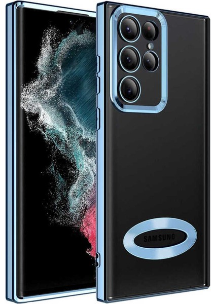 Samsung Galaxy S22 Ultra Kılıf Logo Yeri Açık Kamera Lens Korumalı Renkli Kenarlı Şeffaf Silikon Sierra Mavi