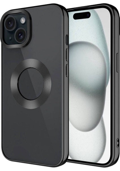 Apple iPhone 15 Kılıf Tek Kamera Çerçeveli Renkli Kenarlı Logo Yeri Açık Şeffaf Silikon Siyah