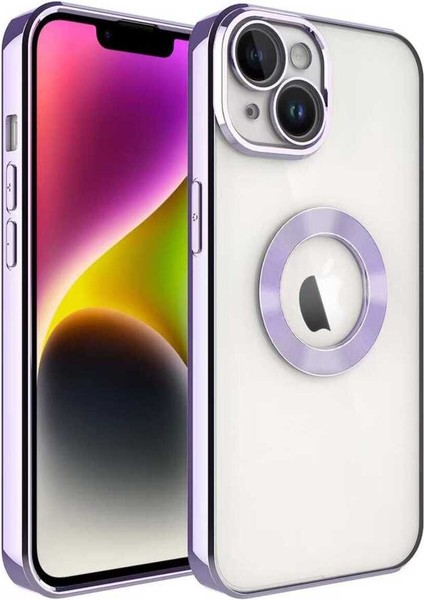 Apple iPhone 14 Kılıf Logo Yeri Açık Kamera Lens Korumalı Renkli Kenarlı Şeffaf Silikon Lila