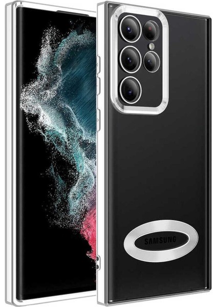 Samsung Galaxy S22 Ultra Kılıf Logo Yeri Açık Kamera Lens Korumalı Renkli Kenarlı Şeffaf Silikon Gümüş