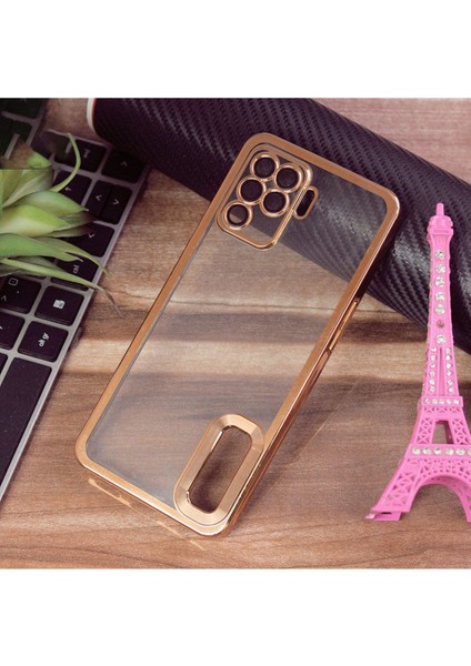 Oppo Reno 5 Lite Kılıf Logo Yeri Açık Kamera Lens Korumalı Renkli Kenarlı Şeffaf Silikon