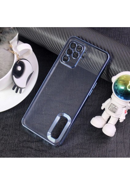 Oppo Reno 5 Lite Kılıf Logo Yeri Açık Kamera Lens Korumalı Renkli Kenarlı Şeffaf Silikon