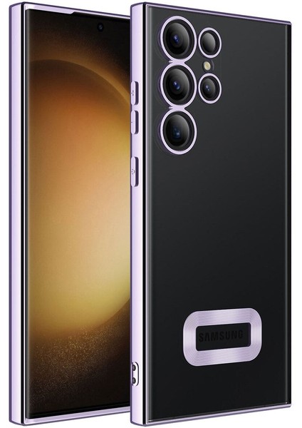 Samsung Galaxy S23 Ultra Kılıf Logo Yeri Açık Kamera Lens Korumalı Renkli Kenarlı Şeffaf Silikon Lila