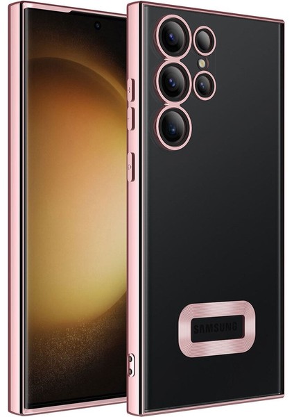 Samsung Galaxy S23 Ultra Kılıf Logo Yeri Açık Kamera Lens Korumalı Renkli Kenarlı Şeffaf Silikon Rose Gold