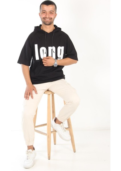 7145 Önü Long Yazılı Kapşonlu Oversize T-Shirt