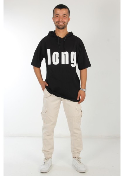 7145 Önü Long Yazılı Kapşonlu Oversize T-Shirt