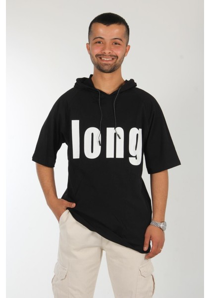 7145 Önü Long Yazılı Kapşonlu Oversize T-Shirt