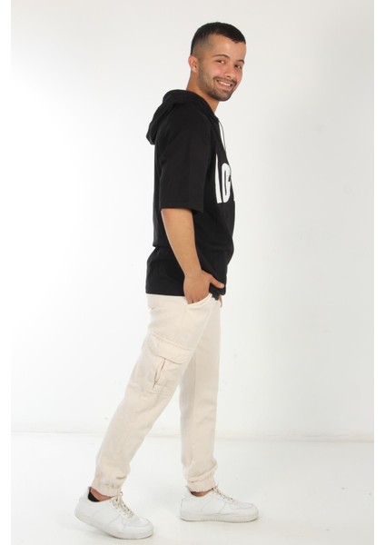 7145 Önü Long Yazılı Kapşonlu Oversize T-Shirt