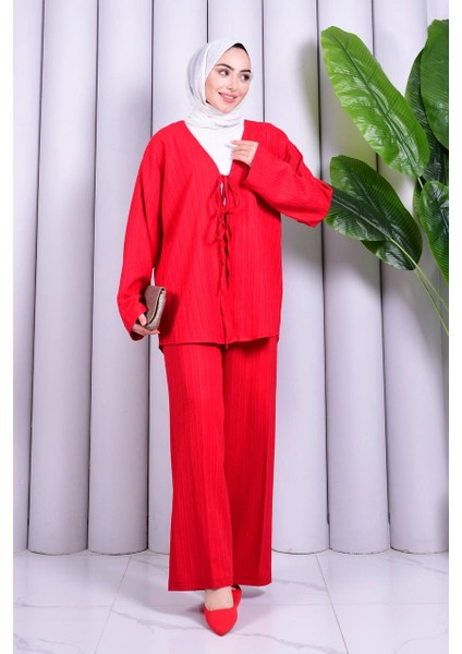 Bağcık Detaylı Pantolonlu Kimono Takım