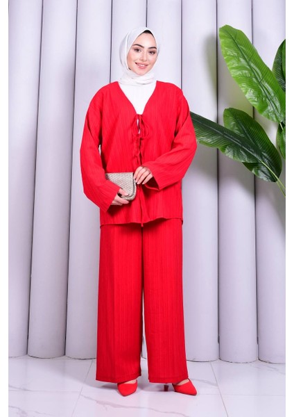 Bağcık Detaylı Pantolonlu Kimono Takım