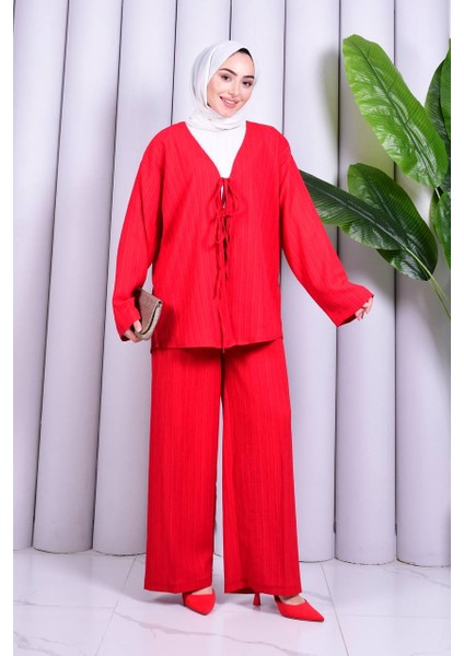 Bağcık Detaylı Pantolonlu Kimono Takım