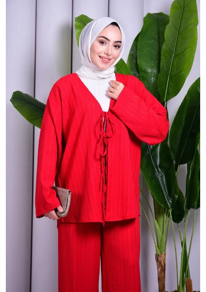 Bağcık Detaylı Pantolonlu Kimono Takım